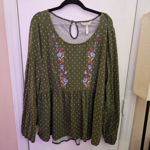 Matilda Jane Embroidered Floral Boho Olive Green Long Sleeve Top Sz XXL Peasant - Picture 1 of 8